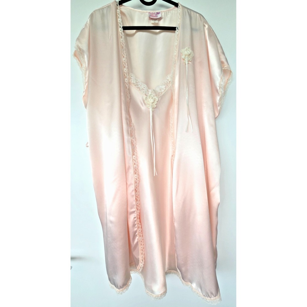 Vintage Satin Slip Dress with Robe Lingerie Lace Set W's Sz L Pastel Pink Y2K 90